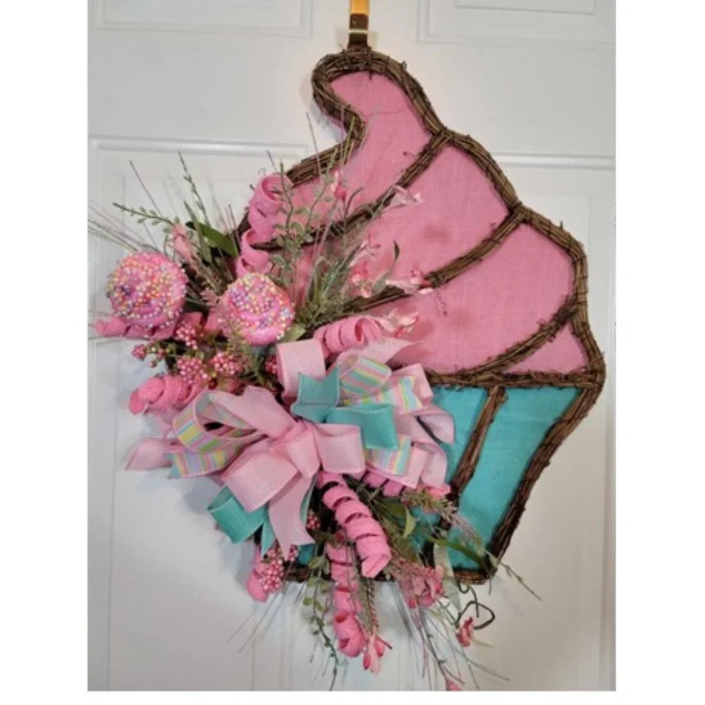 Cupcake Wreath, Pink Blue Birthday Cupcake Front Door Wreath, Hand Crafted
